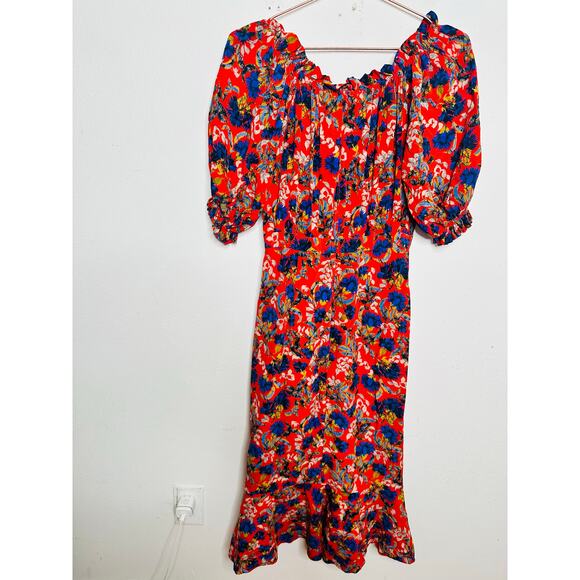 SALONI Red Floral Flame Azalea Olivia Tie-Waist 100% Silk Ruched Ruffles Dress 6 - Picture 3 of 16